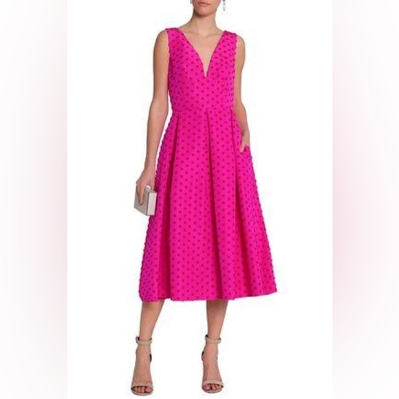 WOMAN PLEATED FLOCKED SILK-FAILLE MIDI DRESS BRIGHT PINK size 6 - Picture 3 of 13